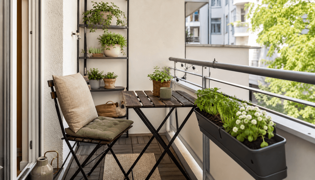 Kleiner Balkon mit Klappstuhl, Holztisch, Pflanzenregal und Blumenkästen am Geländer